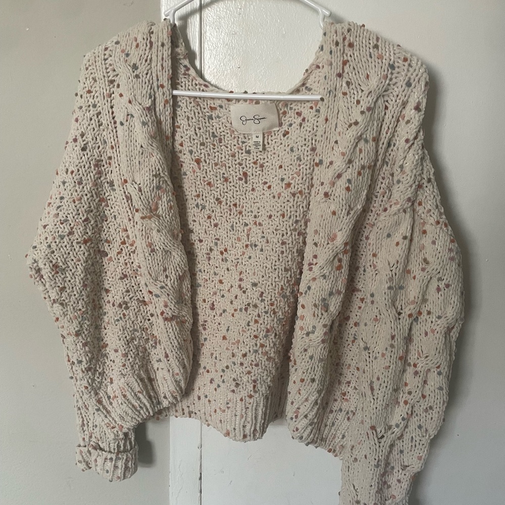 White knit cropped sweater w/ pastel color specks